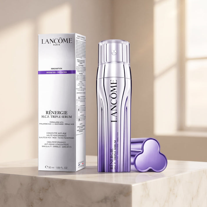 Lancôme Rénergie H.C.F. Triple Serum on stone pedestal